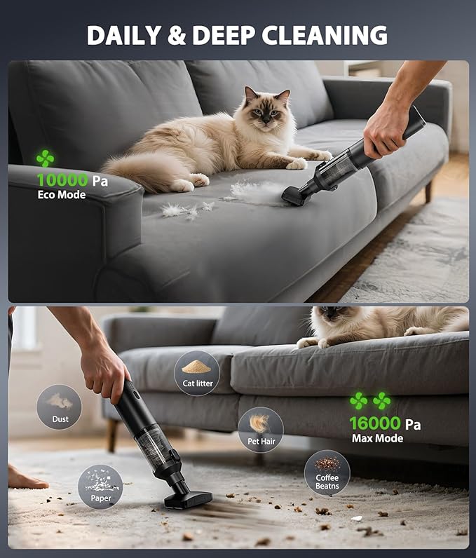 Car Vacuum Portable Cordless Handheld Vacuum Cleaner 4-in-1 Mini Cordless Vacuum with 2 Suction Modes and 16800pa Suction Power Blowing &amp Inflating 2 Modes Handheld Vacuum for Car Desk Keyboards