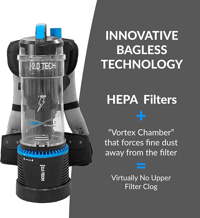 Prolux 2.0 Cordless Battery Bagless Backpack Vacuum Cleaner Dual HEPA Shield Filtration Tool Accessory Kit