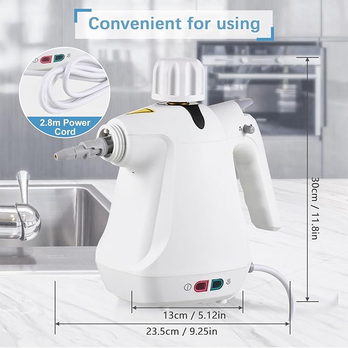 Portable Cleaning Steam Machine 1000W Handheld Steam Cleaner with Non-Slip Handle 3 Bar Steam Pressure and Adjustable Temperature Large Capacity Water Tank and Replaceable Spray Head for Home