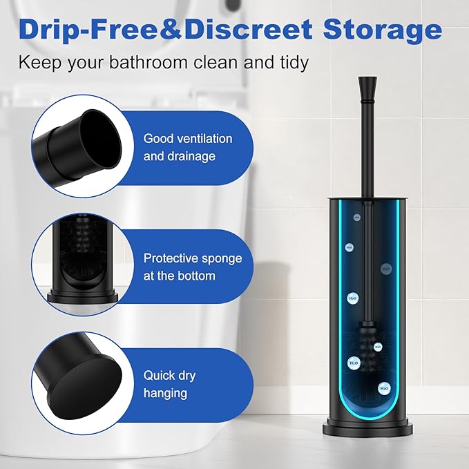 Toilet Brush and Holder Set：304 Stainless Steel Heavy Duty Toilet Bowl BrushRemovable Inner Bowl and Splash ProtectionBathroom Toilet Brush-Dense Bristles for Through Cleaning