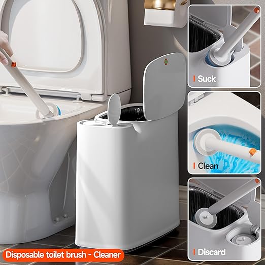 CTIME Family Bathroom Trash Can Set Includes a 2-Gallon Clean Trash Bin with a Toilet Brush 12 pre-Soaked Disposable Brush Heads a Small Bathroom Trash Can with Lid and a Smart Trash can.