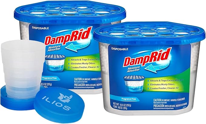 Damp Rid Moisture Absorber – Fragrance Free 2 Pack Humidity Absorber &amp Odor Remover for Home Bathroom &amp Basement 10.5 oz Disposable Buckets– Ilios Packaging