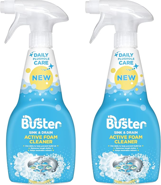 BUSTER Active Foam Sink &amp Drain Cleaner 500ml x 2 - Sink Cleaner to Remove Limescale &amp Stains - Daily Plughole Foam Cleaner &amp Odour Eliminator – Foam Cleaner for Sinks Showers Drains and