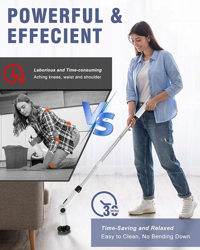 Electric Spin Scrubber [IPX8 Waterproof ] [50KG Torque] Shower Scrubber with 9 Brush Heads 2 Speed Mode 4 Adjustable Angles Electric Brush for Cleaning for Bathroom Floor Tile