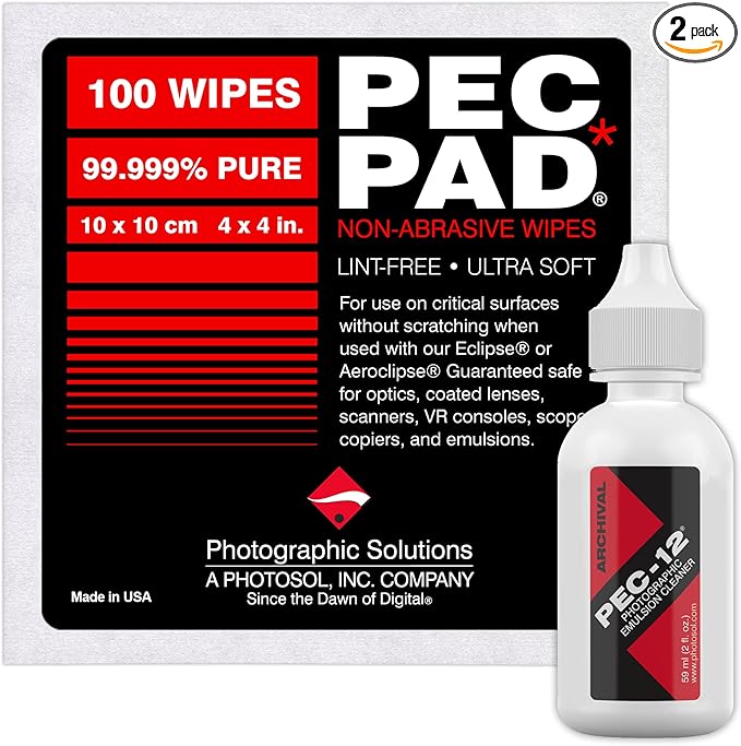PEC-12 Photographic Emulsion Cleaner Kit and PEC-PAD Lint Free Non-Abrasive Wipes 4x4 100 Sheets per/Pkg - for Cleaning Film Photo Negative B&ampW Slide - Dropper Tip (59ml) 2oz