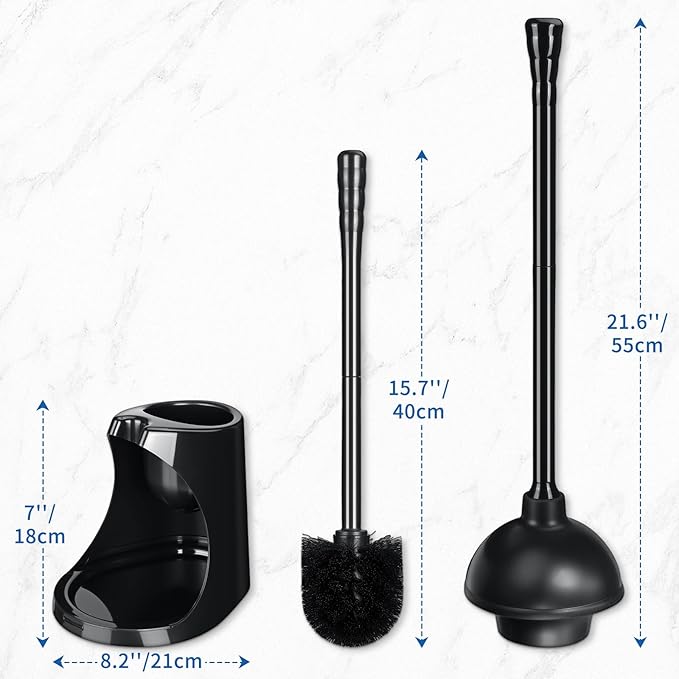 Qaestfy Toilet Plunger and Brush Set for Bathroom Cleaning 2-in-1 Long Handle Toilet Bowl Brush with Stiff Bristles &amp Powerful Plunger Space-Saving Holder (Pack of 2)