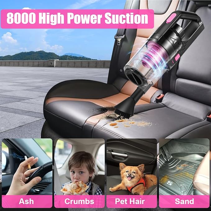Viewsun Car Vacuum Cordless Rechargeable 8000PA High Power Handheld Vacuum Cleaner with 17PCS Car Cleaning Kit Pink Auto Accessories for Women Gift
