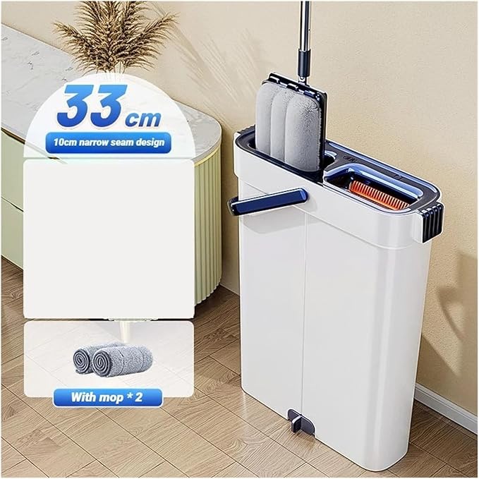 Spin Hand Free Flat Mop 33cm with Bucket Set Floor Cleaning Wet&ampDry System Separation for Living Room Toilet Home Mops(33cm-Bucket-2-Mop)