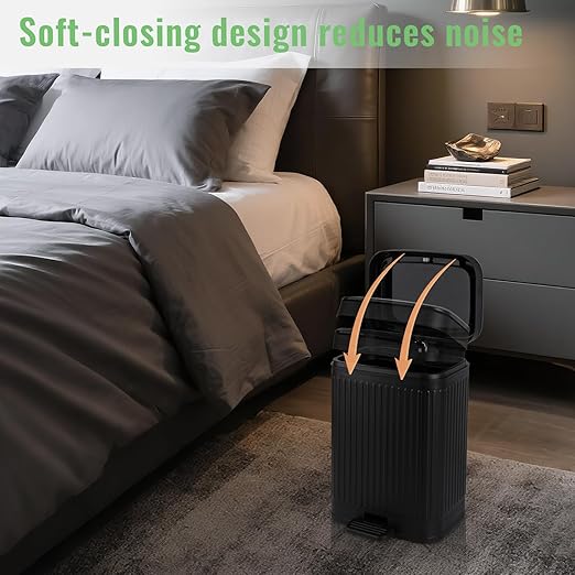 rejomiik Small Bathroom Trash Can with Lid 2.1 Gallon Soft Close Step Slim Garbage Can Waste Bin for Office Bedroom Kitchen Black