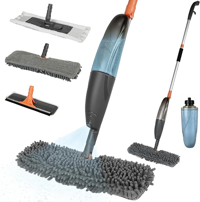 3-in-1 Upgraded Spray Mops for Floor &amp Window Cleaning with 3pcs Pads - Broom/ Mop/ Window Squeegee Wet Dry Microfiber Mop with 520ml Bottle for Kitchen Wood Floor Hardwood Ceramic Tile Dust Clea