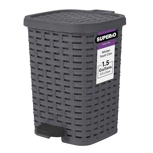 Superio Mini Trash Can with Foot Pedal Small Outdoor Garbage Can with Lid 1.5 Gallon Plastic Waste Basket for Bathroom Bedroom Kitchen Office Patio (Wicker Grey 6 QT.)