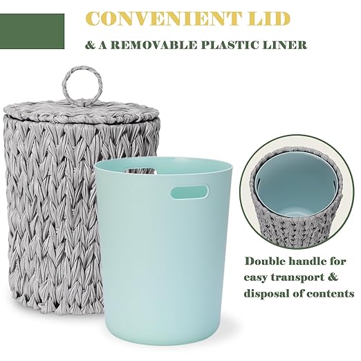 Plastic Wicker Trash Can with Lid - 2.6 Gallon Small Garbage Can with Removable Liner Bucket for Bedroom Bathroom Living Room - Boho Hand Woven Waste Basket for Home Office Grey