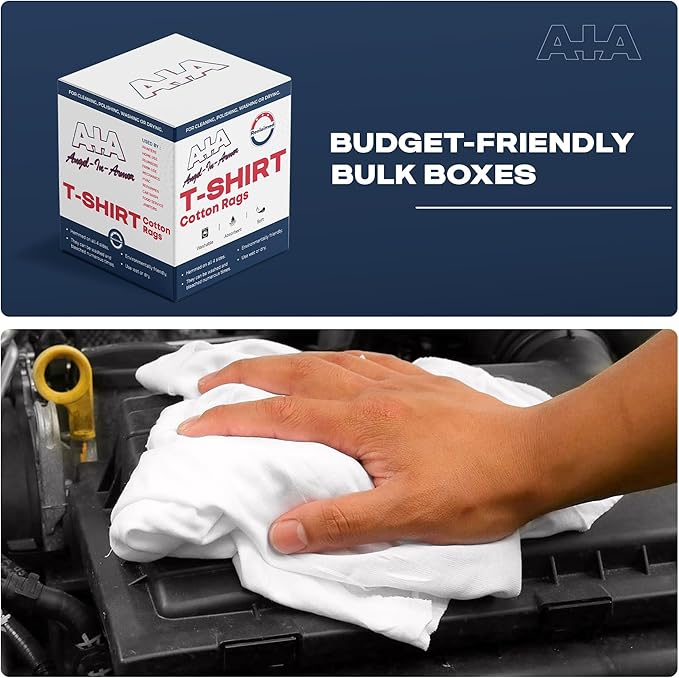 Angel-in-Armor White T-Shirt Rags – 50lb Bulk Box of Recycled Cotton Knit Shop Rags (650 Units) – Low Lint Cleaning Cloths for Mechanics Oil Changes Industrial and Commercial Use