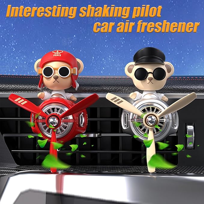 2Pcs Car Air Fresheners Cute Bear Pilot Automotive Air Outlet Creative Car Perfume Diffuser Automotive Accessories Air Vent Decoration with 8 Fragrant Tablets (Red 1+Silver 1)