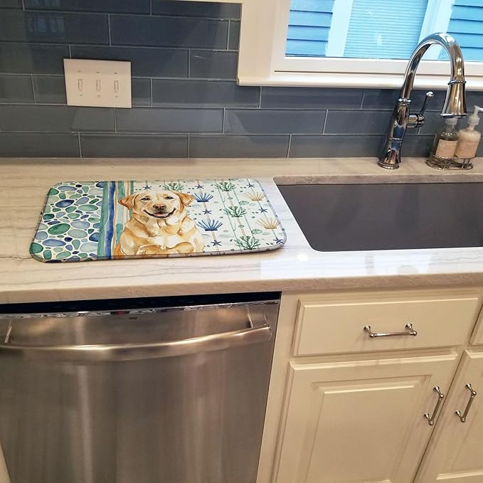 Caroline's Treasures Yellow Labrador Retriever Coastal Sea Glass Dish Drying Mat Absorbent Dish Drying Mat Pad for Kitchen Counter Dish Drainer Mat for Countertop 14 x 21 Multicolor