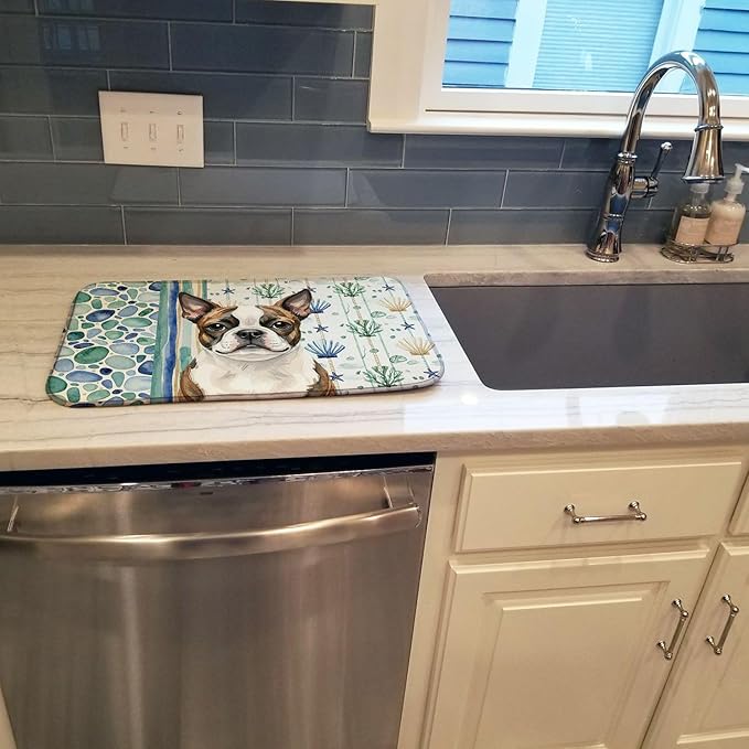 Caroline's Treasures Brindle Boston Terrier Coastal Sea Glass Dish Drying Mat Absorbent Dish Drying Mat Pad for Kitchen Counter Dish Drainer Mat for Countertop 14 x 21 Multicolor