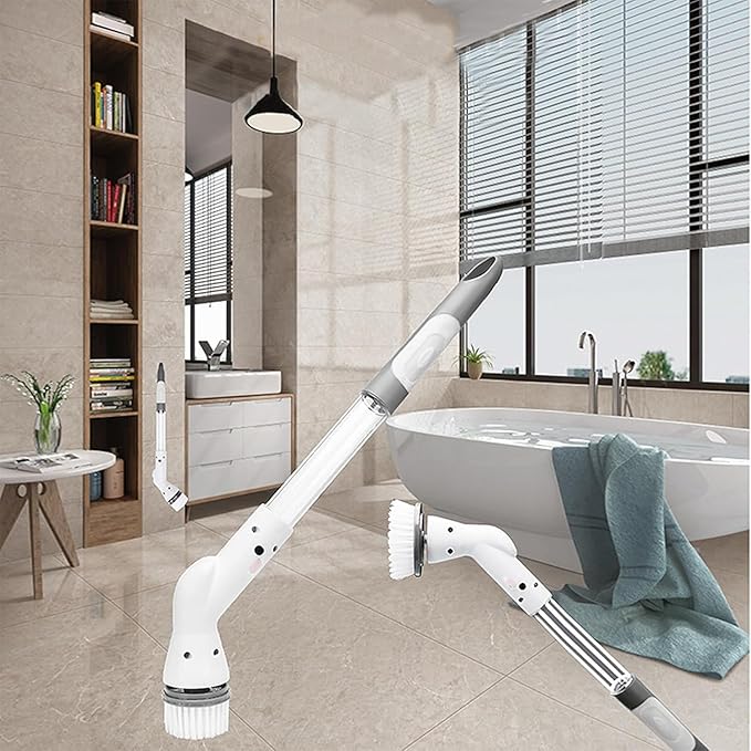 Cordless Electric Adjust Extension Handle Spin Scrubbers - Power Cleaning Spin Scrubbers Tools with 4 Replaceable Brush Heads for Home Kitchen Bathroom Floor Tile