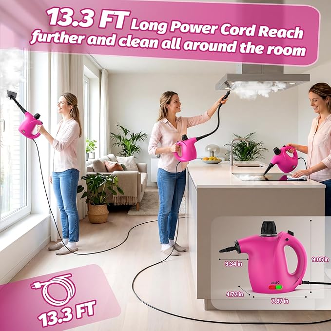 KIATO Handheld Steam Cleaner Hand Held Steamer for Cleaning Home Portable Pressurized Steamers for Upholstery Furniture Sofa Couch Floor Tile Grout Bathroom Pink SC23