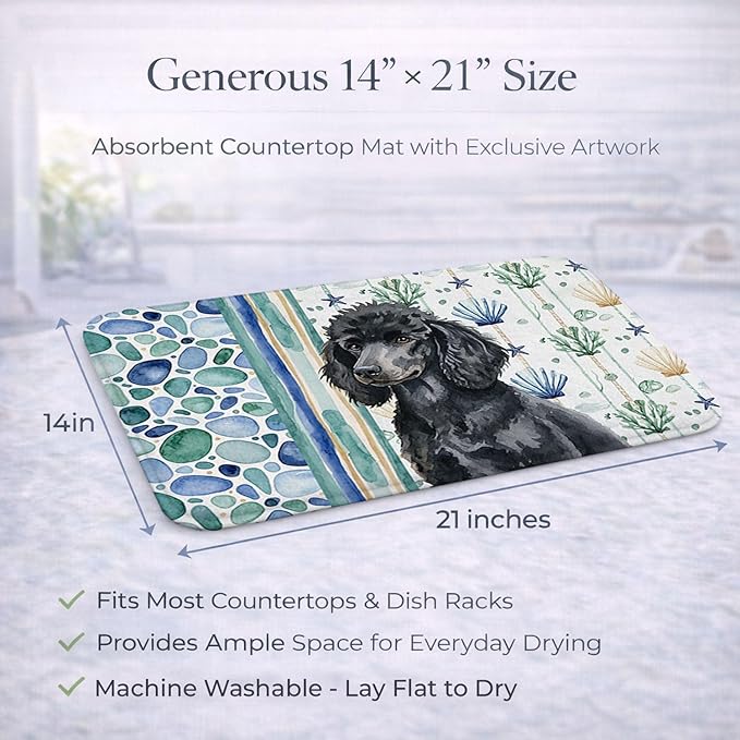 Caroline's Treasures Standard Black Poodle Coastal Sea Glass Dish Drying Mat Absorbent Dish Drying Mat Pad for Kitchen Counter Dish Drainer Mat for Countertop 14 x 21 Multicolor
