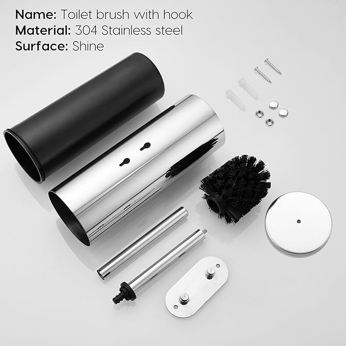 Toilet Brush and Brush Holder Stainless Steel No-Punch Hook Base Dual Purpose Toilet Brush Holder with Removable Inner Bucket and Splash Cover - Soft Bristles (Chrome)