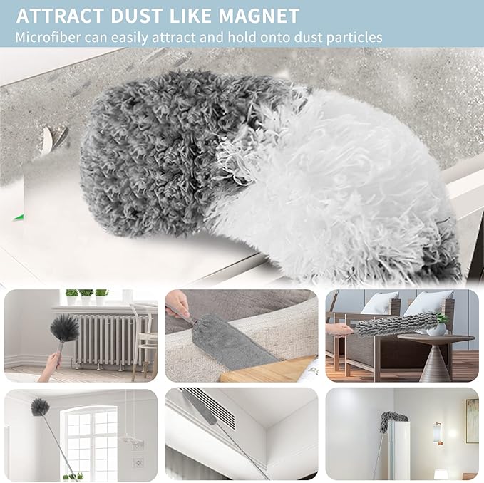 Microfiber Feather Duster with Extension Pole 30 to 100 inches ReusableBendable Washable Dusters for Cleaning Ceiling Fan High Ceiling Blinds Furniture &amp Cars 12PCS