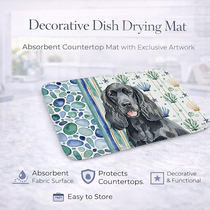 Caroline's Treasures Black Cocker Spaniel Coastal Sea Glass Dish Drying Mat Absorbent Dish Drying Mat Pad for Kitchen Counter Dish Drainer Mat for Countertop 14 x 21 Multicolor