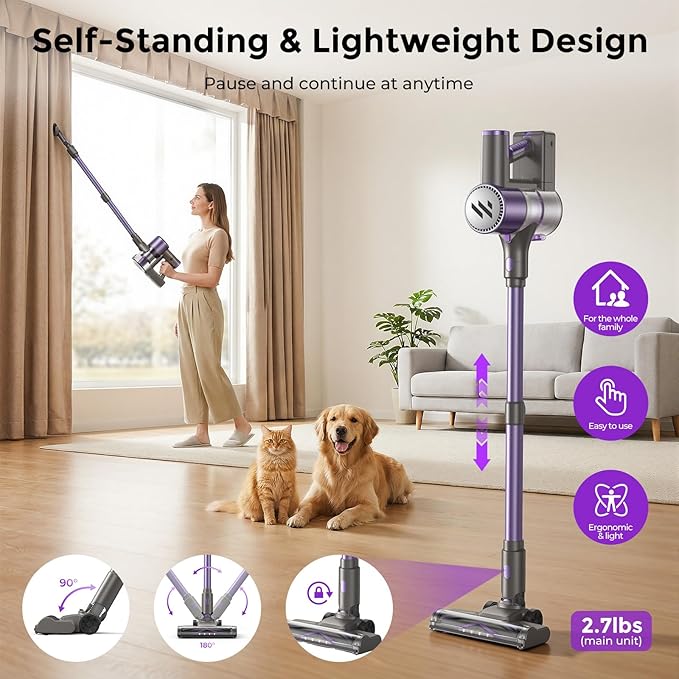 Cordless Vacuum CleanerVacuum Cleaner for Home with Brushless MotorLightweight Stick Vacuum with Self-Standing and Touch ScreenHardwood Floor Vacuum for Pet HairCarpetsTile(Purple)