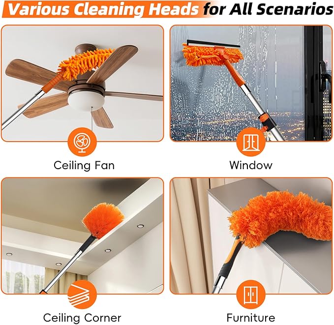 DALTACK 20 Foot High Dusters Kit for Cleaning with 3-12 Foot Heavy Duty Extension Pole Extendable Reusable Cobweb Feather Ceiling Fan Cleaner Duster Window Squeegee Kit