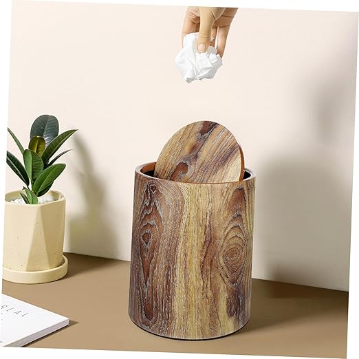 Zerodeko Imitation Wood Grain Trash Can with Swing Lid Multipurpose Round Wastebasket for Bathroom Kitchen Home Office Bedroom Large Capacity Easy to Clean Household Garbage Bin