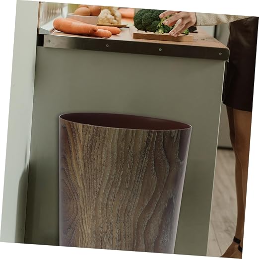 Vintage Imitation Wood Grain Wastebasket Large Capacity Round Trash Can for Kitchen Bathroom Living Space Saving Home Garbage Container with Stylish Rustic Design