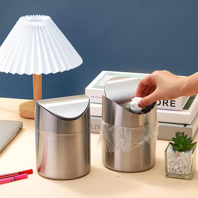 2 Pcs Desk Trash Can with Swing Lids 12 Rolls of Trash Bags 2L Brushed Stainless Steel Countertop Garbage Bin Small Wastebasket with Lid for Office Desk Coffee Table(Silver)