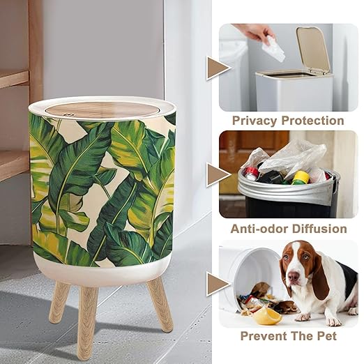 Small Trash Can with Lid Tropical Palm Leaves Jungle Leaf Seamless Floral Pattern 1.8 Gallon/7L Garbage Can Waste Bin with Press Top Lid Wood Legs Wastebasket for Bathroom Kitchen Bedroom