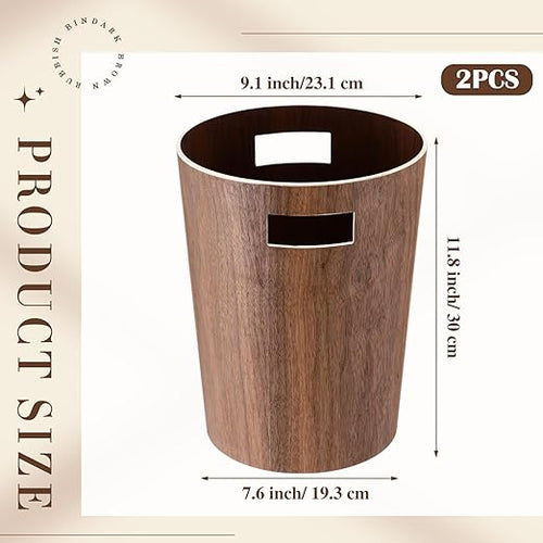 2 Pack 2.3 Gallons Wood Trash Can Wastebasket Natural Wood Round Wastebasket Small Trash Bin for Home Office Under Desk Kitchen Bedroom Hotel Room (Walnut ColorFlat)
