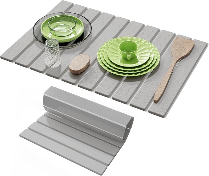 Stone Dish Drying Mats for Kitchen Counter-23.6''x15.3'' Foldable Quick Dry Stone Mat KitchenEco-FriendlyAbsorbent Diatomaceous Earth Mats for Dishes Bottles Cups Bathroom Any Countertop-Light Gray