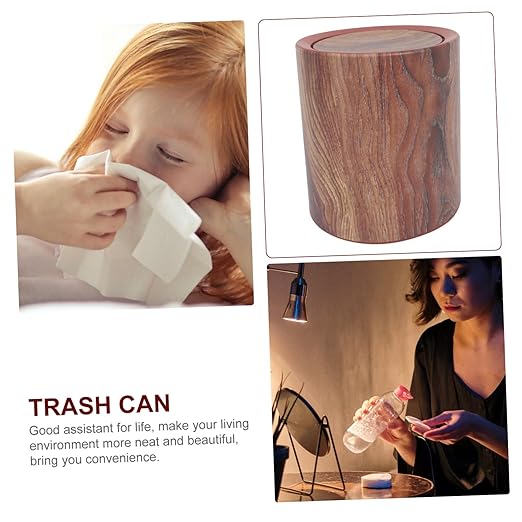Garneck Elegant Wood Grain Pedal Trash Can Swing Lid Kitchen Garbage Can Bathroom Waste Basket Imitated Wood Pail