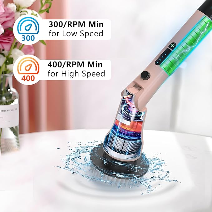 Electric Spin Scrubber Hillyfe Bathroom Scrubber Electric with 7 Replaceable Brush Heads IPX7 Waterproof300/400 RPM 3 Adjustable LengthScrubber Brush Electric for Bathtub FloorPink