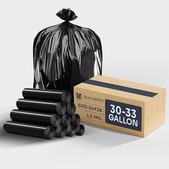 33 Gallon Can Liners | 34x38 Black 1.2 Mil | Heavy Duty Eco-Friendly Trash Bags | 150 Bags for Commercial Industrial and Outdoor Use