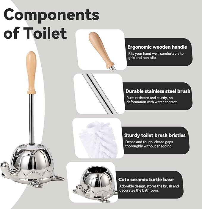 Toilet Brush and Holder Set Ceramic Turtle Base Toilet Brush Set - 7.5” Bowl Cleaner Toilet Scrubber Brush with Ergonomic Handle (Silver)