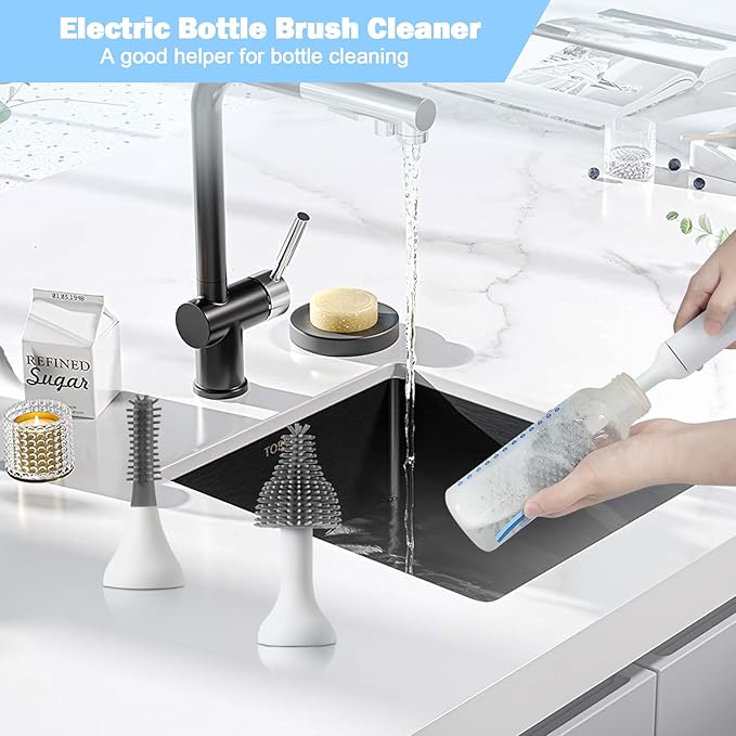 Electric Baby Bottle Brush Set with Rechargeable Electric Bottle Brush Cleaner and Replaceable Silicone Bottle Brushes and Straw Brush Cleaner Waterproof Multi-Purpose Cleaning Brush (White)