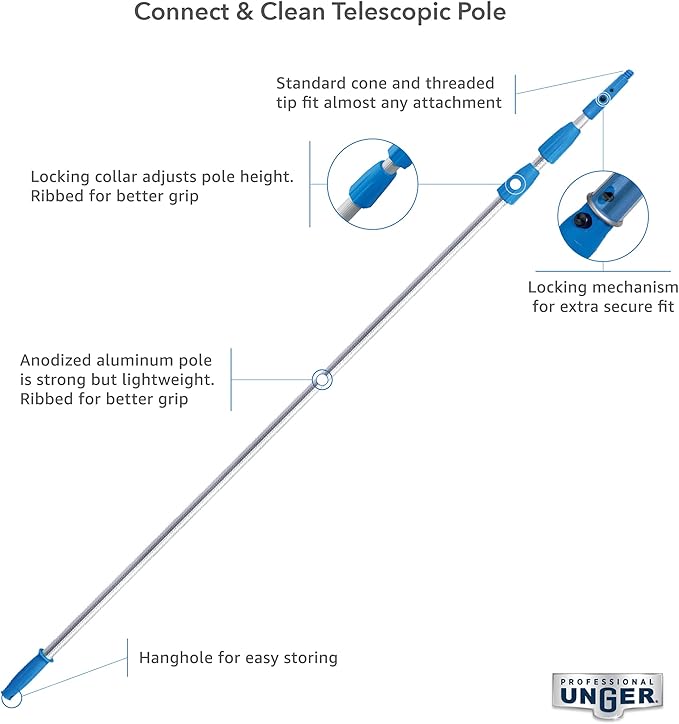 Unger Professional Connect &amp Clean 4 - 8 Foot Telescoping Extension Multi-Purpose Pole Window Cleaning Dusting