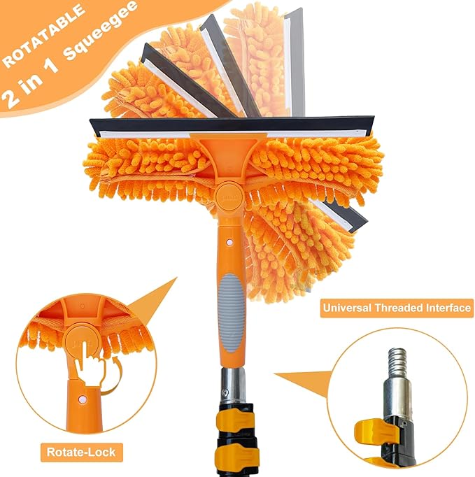 20 Ft+ Reach 2 In 1 Window Squeegee Duster with 5-to-12 Foot Extension Pole Cleaner Tool with 3-Stage Telescoping Pole Cleaning Kit with Rotatable Head - Chenille Cloth + Microfibre Cloths Head