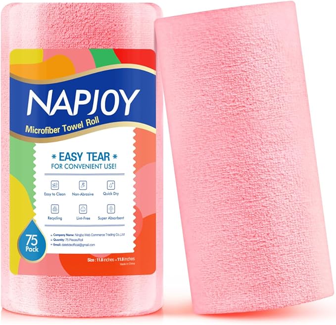 Napjoy Microfiber Cleaning Cloth Roll 75PK Easy Tear Away Reusable Paper Towels 12 x 12 Lint-Free and Scratch-Free with Patented Fiber Technology Microfiber Towel Roll Pink