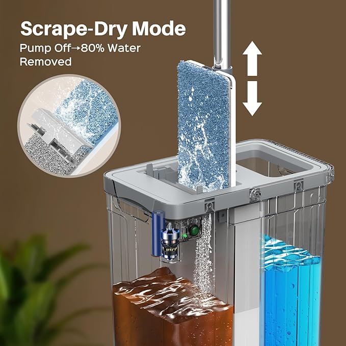 Mop and Bucket Set with AUTO Pump 3-Zone Separate Dirty and Clean Water Flat Mop and Bucket System with Wringer and Wheels 3 Reusable Microfiber Pads One-Touch Water Filling for Home Cleaning