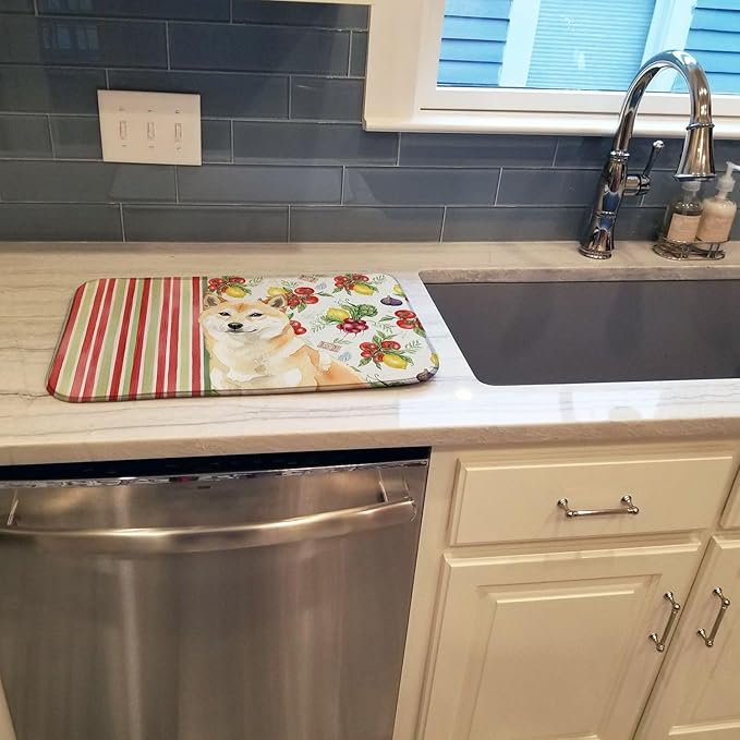 Caroline's Treasures Cream Shiba Inu Vegetables Dish Drying Mat Absorbent Dish Drying Mat Pad for Kitchen Counter Dish Drainer Mat for Countertop 14 x 21 Multicolor