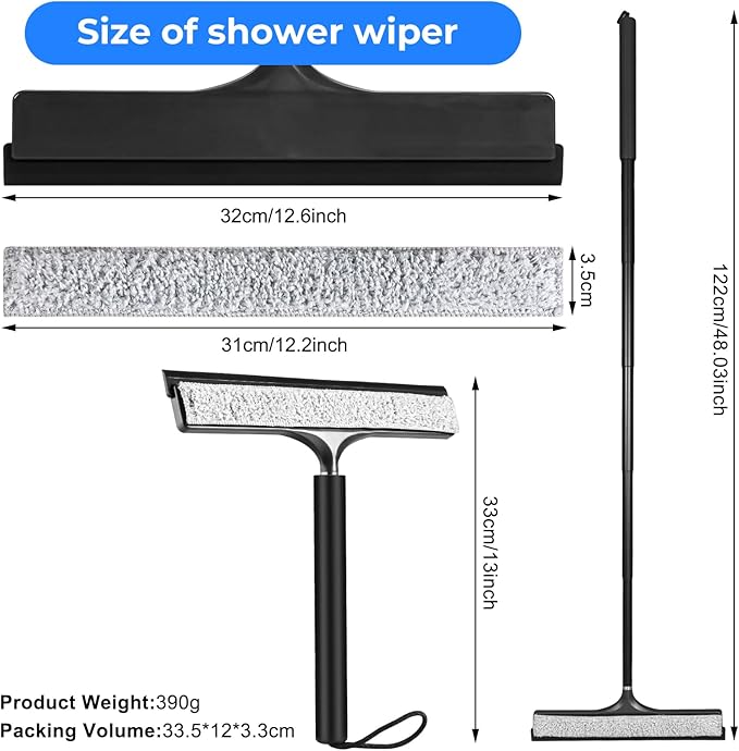 Shower Squeegee with Long Handle Telescoping Window and Floor Extendable Squeegee for Shower Glass Bathroom Surfaces Mirrors and Smooth Floors Includes Replaceable and Washable Cloth Pads