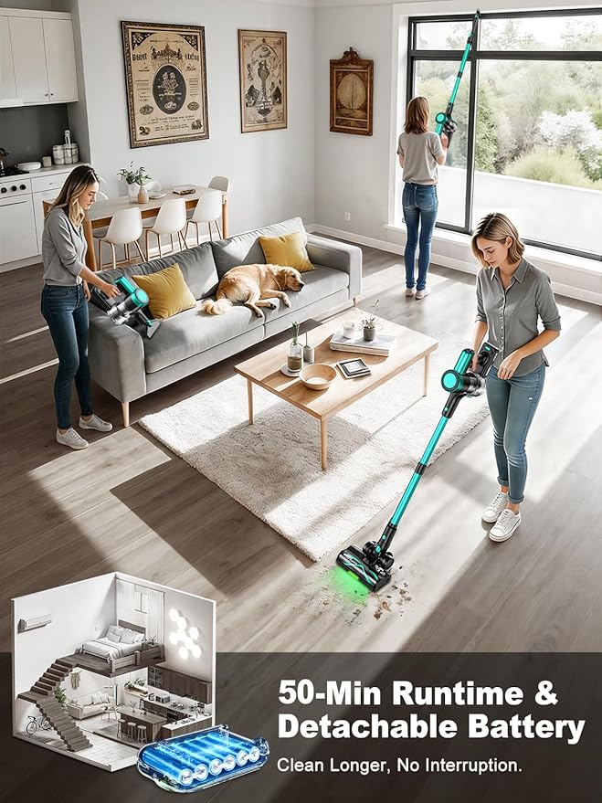 Cordless Vacuum Cleaner58kPa/10-in-1 Stick Vacuum with 29-inch Hose and LED Lighting Brush50Mins Runtime Vacuum Cleaner for HomeSelf-Standing Vacuum with Anti-Tangle Brush for Pet Hair/Carpet/Floor