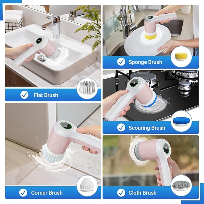 Electric Spin Scrubber Cordless Shower Scrubber with Battery Level Display 2 Speeds Electric Scrubber for Cleaning with 6 Replaceable Heads Cleaning Brush for Bathroom/Sink/Window (Pink)