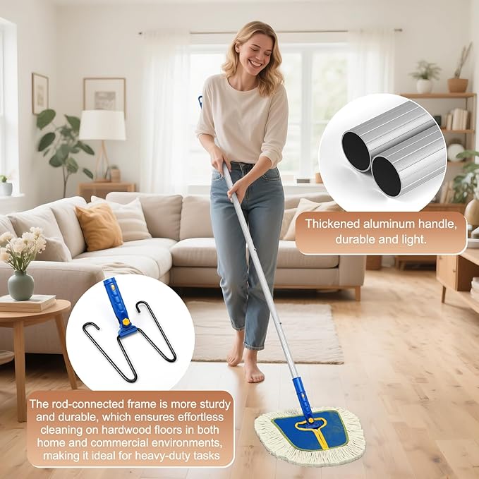 Commercial Dust Mop for Hardwood Floors Cleaning Heavy Duty Industrial Dry Mop with Wedge Cotton Mop Pads for Walls CleanerTileVinylLaminate Floor Duster Broom for Home and Business Use