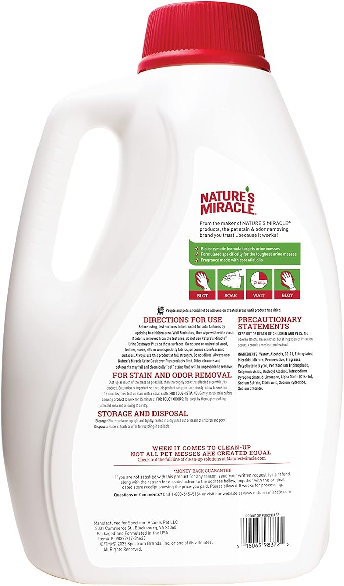 Nature’s Miracle Urine Destroyer Plus for Cats Enzymatic Formula Tough on Strong Cat Urine And The Yellow Sticky Residue 1 Gal