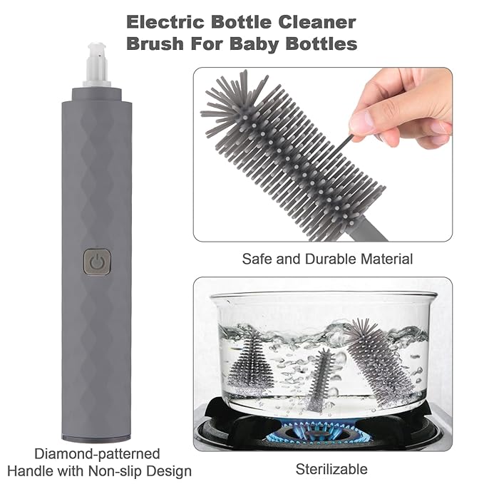 Electric Bottle Brush 4 Piece Bottle Brush Set with Baby Bottle Brush Cleaner Nipple Brush Pacifier Cleaner Straw Cleaner Brush Gifts for Newborns and Mothers Grey